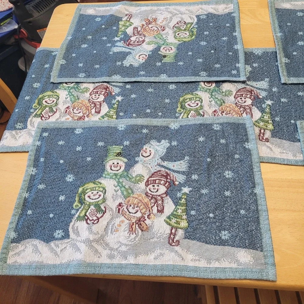 Snowman Family Christmas Holiday Tapestry Placemats Set Of‎ 4 With Runner